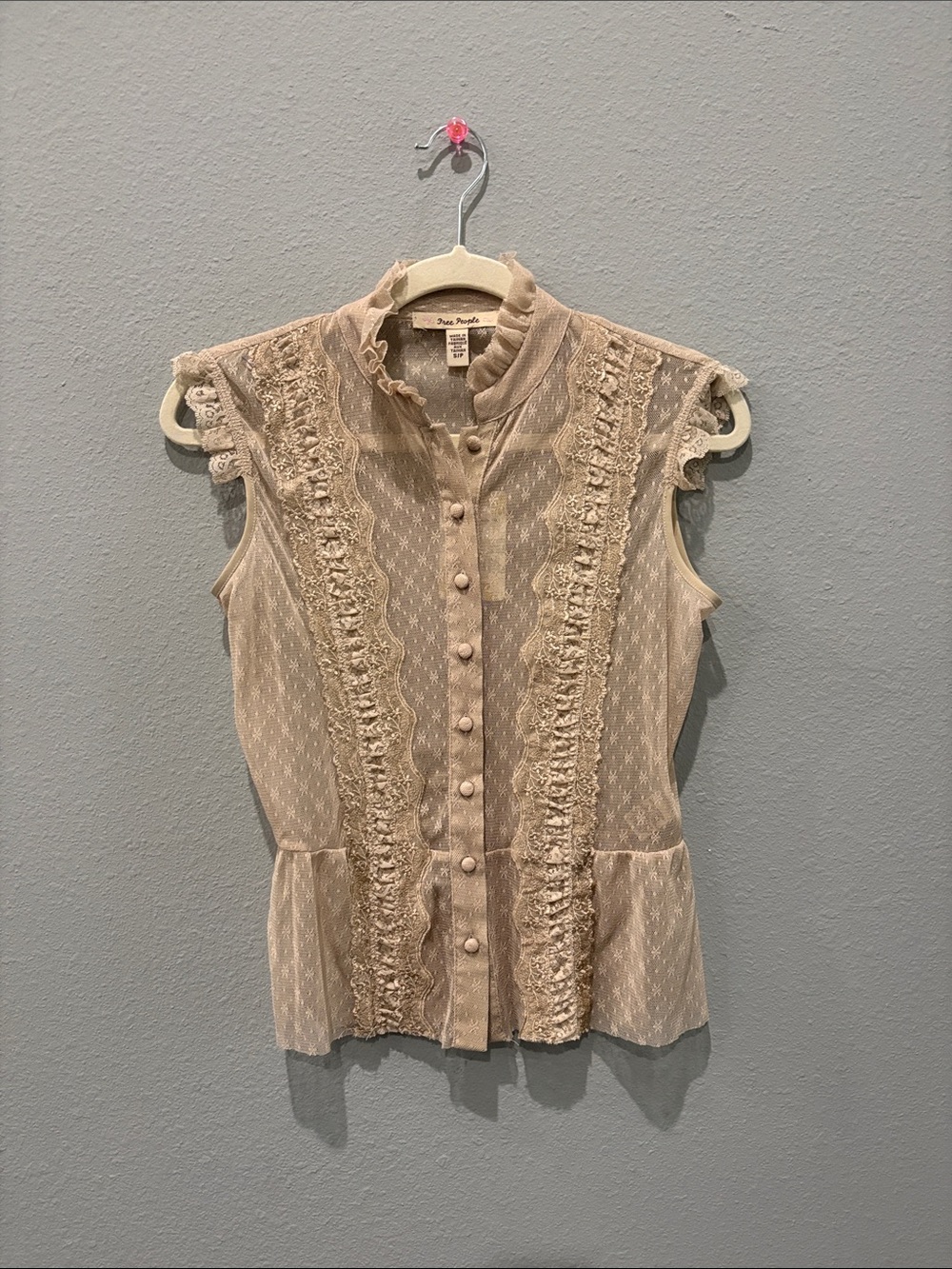 Free People Lace-Trim Sleeveless Blouse in Beige